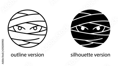 Foto Mummy Head Icon: A graphic representation of a mummy head, presented in both outline and silhouette versions, with visible eyes peeking through the bandages