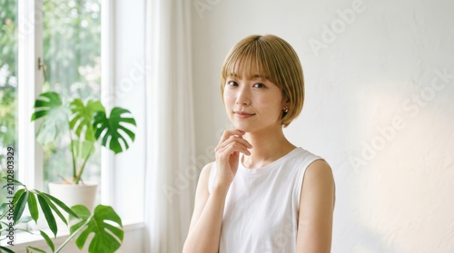 Portrait of a young japanese woman with short hair in a bright room