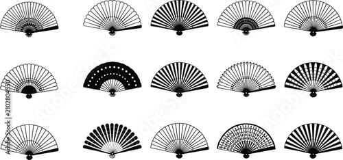 Set of black and white folding hand fan icons isolated on white background
