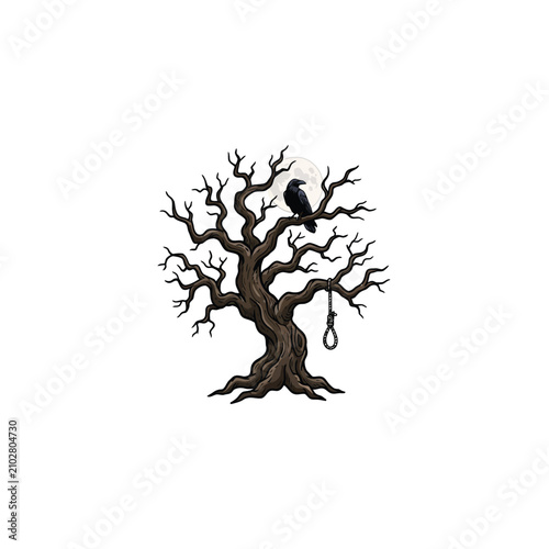 Fotografie Dark And Eerie Dead Tree Featuring A Solitary Crow And A Hanging Noose Beneath M