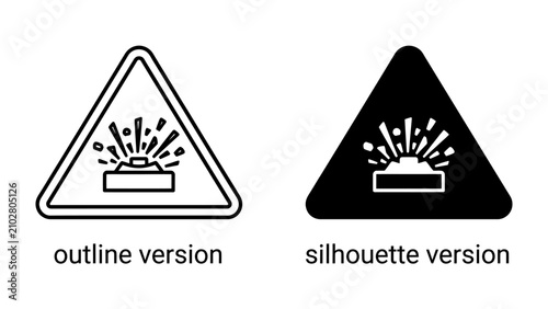 Принти на полотні Explosive Hazard Warning Symbols: Two triangular warning signs, one outlined and one silhouetted, depict an explosive hazard with bursts of material erupting from a base, alerting to danger