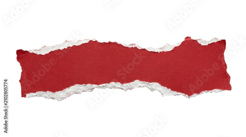 Ripped red paper texture with torn edges on white background.