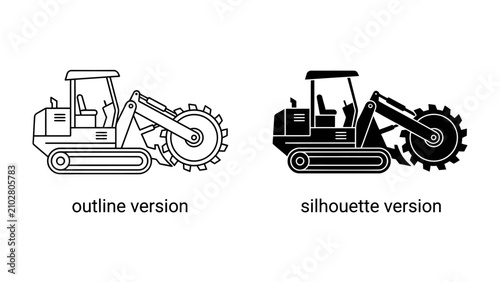 Obraz na płótnie Construction Excavator: A detailed line art and silhouette illustration of a heavy-duty construction excavator, showcasing its powerful machinery and rugged design for digging and earthmoving tasks