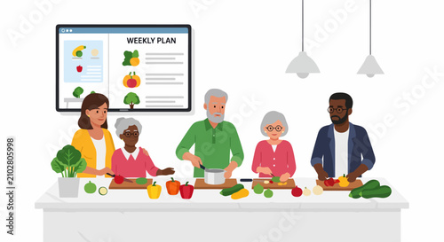 Diverse group of seniors and adults cooking together in a kitchen class