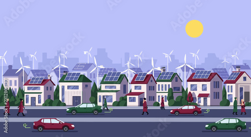 Eco friendly smart city with solar panel houses and electric cars, sustainable neighborhood vector illustration