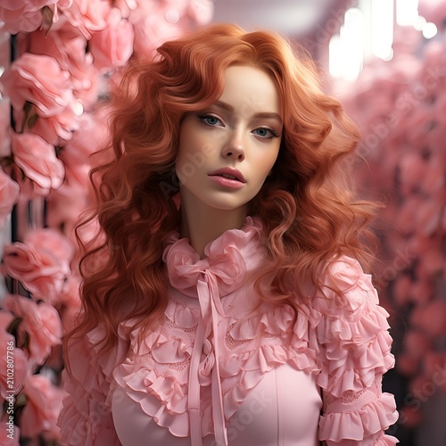 Confident Redhead Woman in Romantic Pink Floral Blouse
