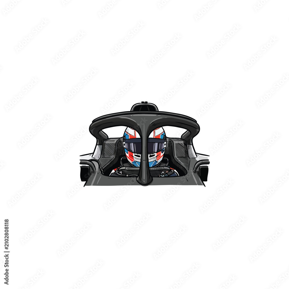 Obraz premium Detailed Front Perspective Of Formula 1 Race Car Cockpit With Halo Protection And Driver In Vibrant Helmet Vector Illustration