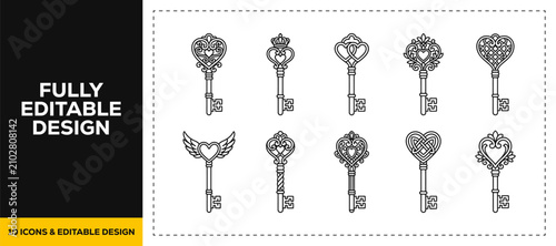 flat vector illustration line art icon bundle set design displaying vintage classic keys decorative ancient locks antique access tools and historical door openers graphic