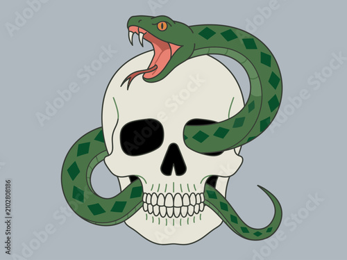 Canvas Print Old school tattoo illustration of a green serpent entwined with a human skull, symbolizing death and poison