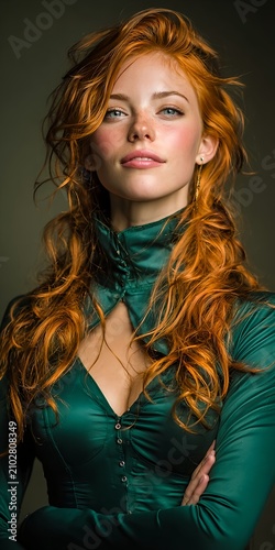 Elegant Redhead Woman in Emerald Green Top with Soft Glamour