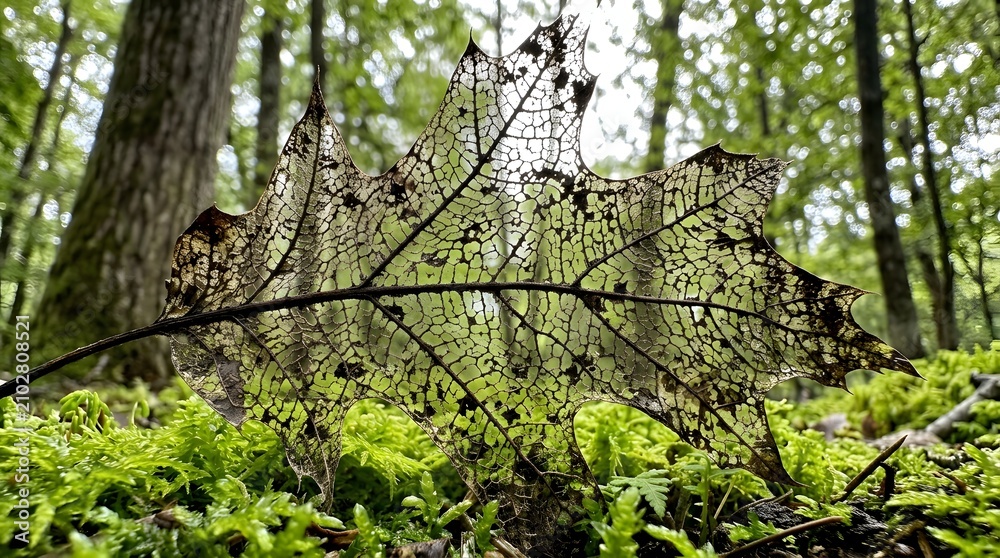 Fototapeta premium Close up of a decayed leaf skeleton showing intricate vein patterns resting on a bed of vibrant green moss in a sunny forest with blurred trees in the soft natural background