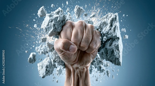 A clenched fist powerfully breaks through a concrete surface creating debris.