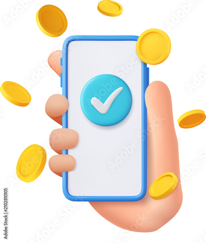 3d mobile phone, check mark and golden coins