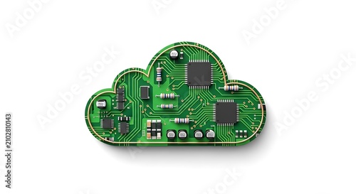 Green cloud shaped circuit board with microchips and electronic components representing technology storage