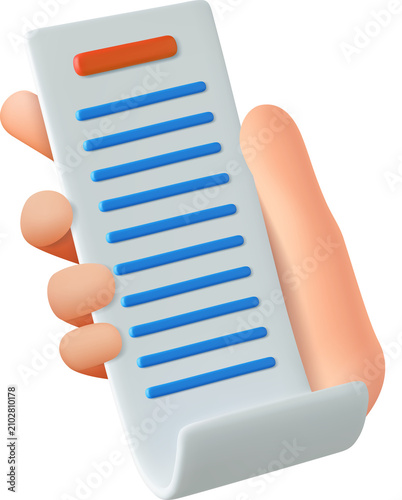 3D hand holding bill receipt.