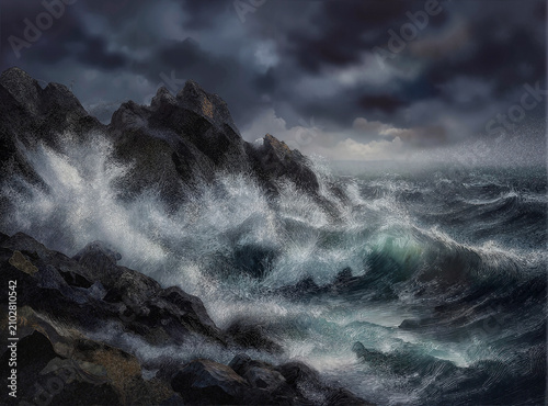 Dramatic ocean wave crashing against rocky shore. Powerful sea storm with foamy white water splashing on dark cliffs.
