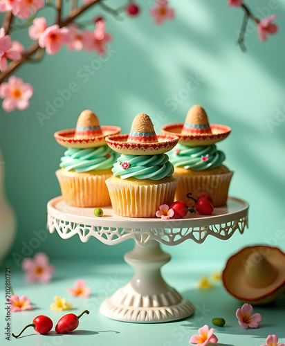 Festive cupcakes adorned with tiny sombreros and pastel frosting
