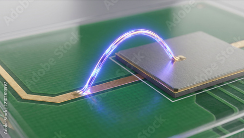 Obraz na płótnie PCB基板上で幾何学的なパラボラを描く金線とUV発光するワイヤーボンディング工程の超マクロ画像