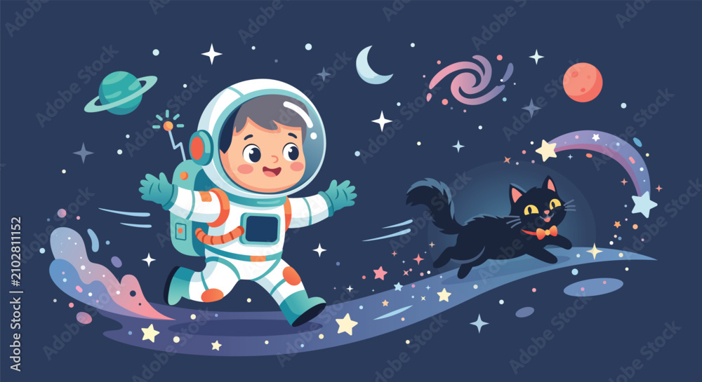Naklejka premium Cute cartoon boy astronaut running with a black cat in space, kawaii cosmic adventure with planets and stars vector background.