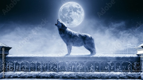 lone wolf howling under a full moon on a snowy casino rooftop, icy blue and silver tones
