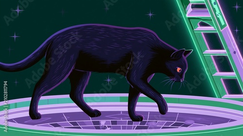 Sleek Black Cat Walking Across a Stylized Casino Roulette Wheel Under a Ladder