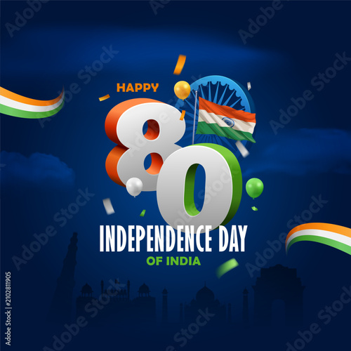 80th indian independence day square banner design with tricolor ribbon flag and 3d number illustration