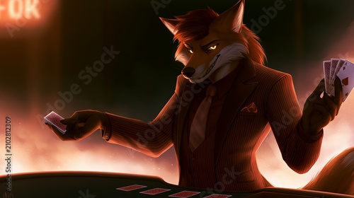 Anthropomorphic Red Fox Cunningly Shuffling Cards at a Pinstripe-Suited Poker Casino Table