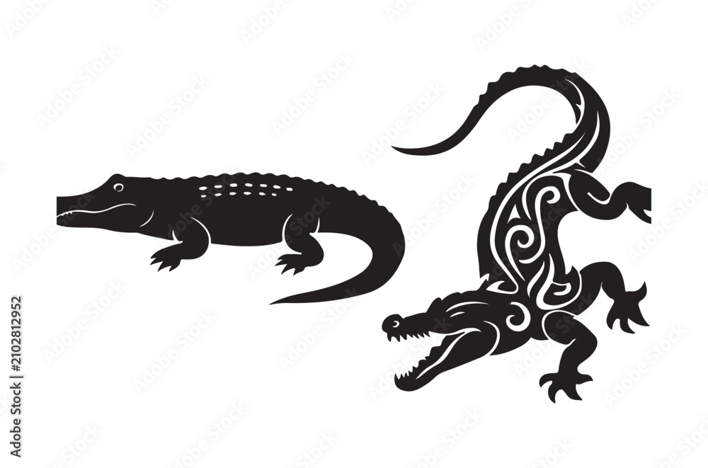Fototapeta premium alligator silhouettes with decorative swirls black on white