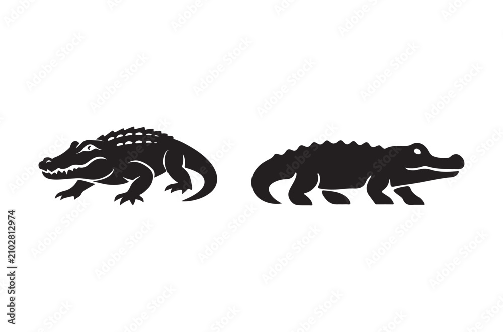 Fototapeta premium Crocodile silhouettes two black reptile shapes on a white background