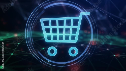 Shopping cart icon pulsing with digital network connections in a futuristic glow for e-commerce concepts