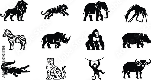 Photography Black Wild Animal Silhouette Vector Illustrations Featuring Lion, Tiger, Elephan