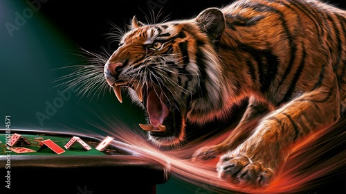 fierce tiger roaring beside a casino table, dynamic orange and black stripes, dramatic spotlight