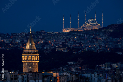 Panoramic Blue Hour View of Galata Tower and Buyuk Camlica Mosque Across Istanbul, Turkey