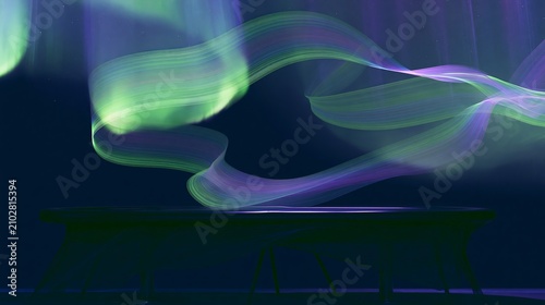 Casino Roulette Table in Snowy Winter Landscape Under Vibrant Green and Purple Aurora Borealis Night Sky