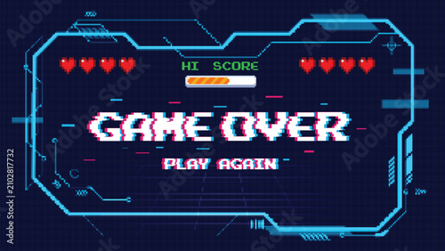Retro glitch effect Game Over text with Play Again typography and a neon pink wireframe game controller on a dark grid background. Perfect for cyberpunk gaming UI, esports designs, and arcade screens.