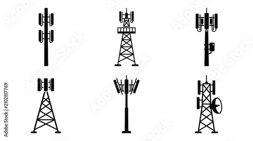 Cell tower icon set showing communication antennas and transmitters for network and telecommunication design concepts
