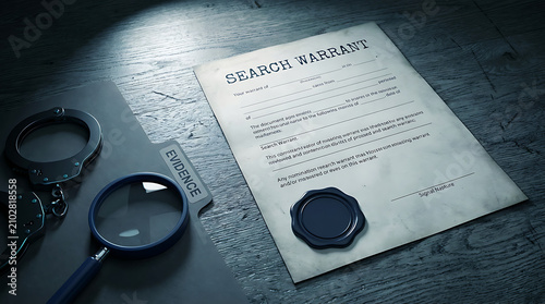 Overhead view of blank search warrant document form on detective office desk