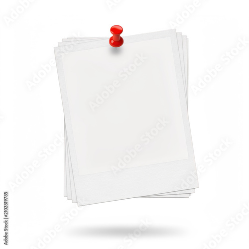Stack of blank instant photo prints pinned with a red thumbtack during a studio shoot isolated on transparent background