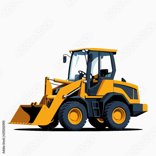 Yellow front loader construction vehicle with large bucket and tires.