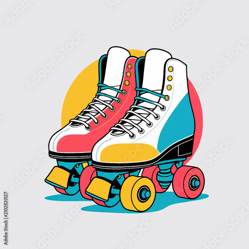 Retro Roller Skates with Colorful Wheels and Yellow Circle Background.