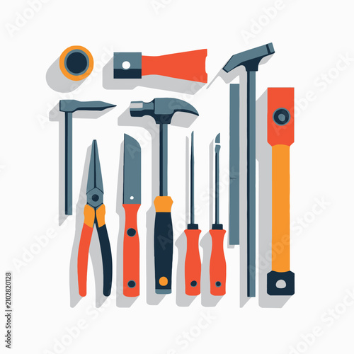 Collection of various hand tools arranged neatly for illustration.
