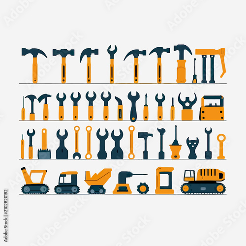 Collection of construction tools and vehicles in flat design style.