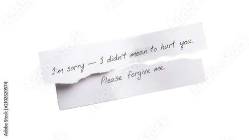 Torn apology note with handwritten message during a moment of regret isolated on transparent background