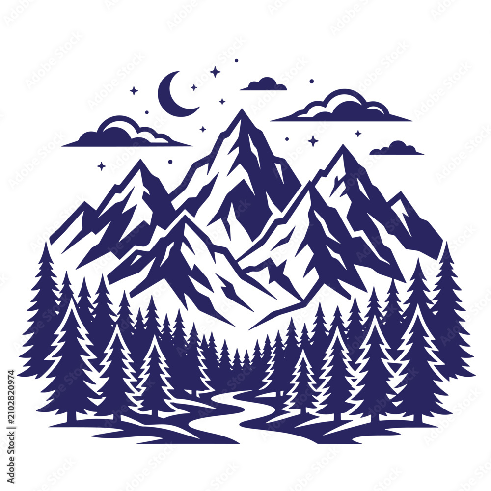Obraz premium A dark blue of a mountain landscape at night, featuring a crescent moon, stars, clouds, and a winding river flowing through a pine forest, isolated on a white background, t-shirt poster
