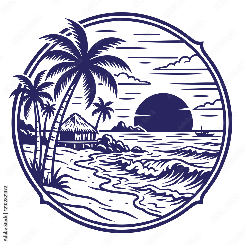 Obraz premium A dark blue of a tropical beach scene inside a circular frame, featuring palm trees, a thatched roof hut, ocean waves, a small boat, and a setting sun, on a white t-shirt poster