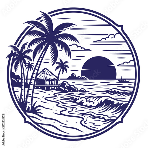 A dark blue of a tropical beach scene inside a circular frame, featuring palm trees, a thatched roof hut, ocean waves, a small boat, and a setting sun, on a white t-shirt poster