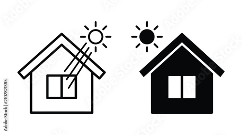 House and sunlight icon set showing home energy efficiency and solar power concepts for eco design
