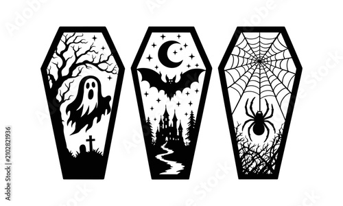 Three stylish black and white coffin-shaped halloween vector illustrations with spooky icons