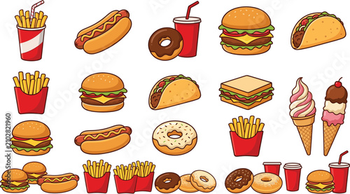 Fast Food Icon Set with Cute Cartoon Illustrations of Burgers, French Fries, Hot Dogs, Tacos, and Donuts for Restaurant Menu Graphic Designs