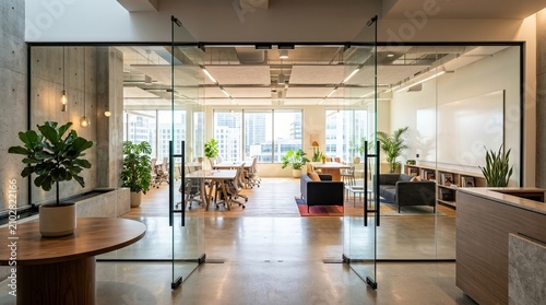 Modern open plan corporate office space featuring glass walls and contemporary furniture in bright natural light